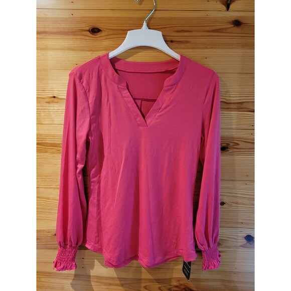 Romanstii Women's V-Neck Long Sleeve T-Shirt Style Top, Hot Pink, Small - Picture 6 of 12